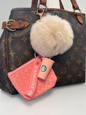 NEW 🎀 Pink & White Woven Pouch Pom Pom Starbucks Cup Bag Charm Keychain Set